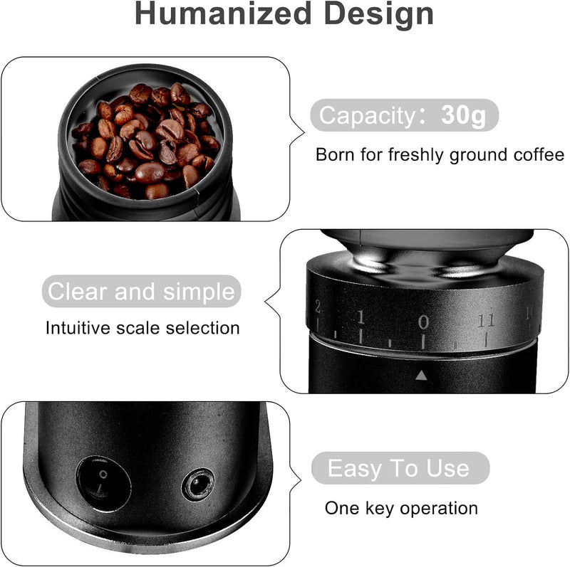 Coffee Grinder Electric Burr Coffee Bean Grinder Made of Durable Aluminum Anti-Static Mess Free Mill grinders for Drip, French Press Burr Coffee Grinders (Silver) （Not Recommended Light Roast Beans）