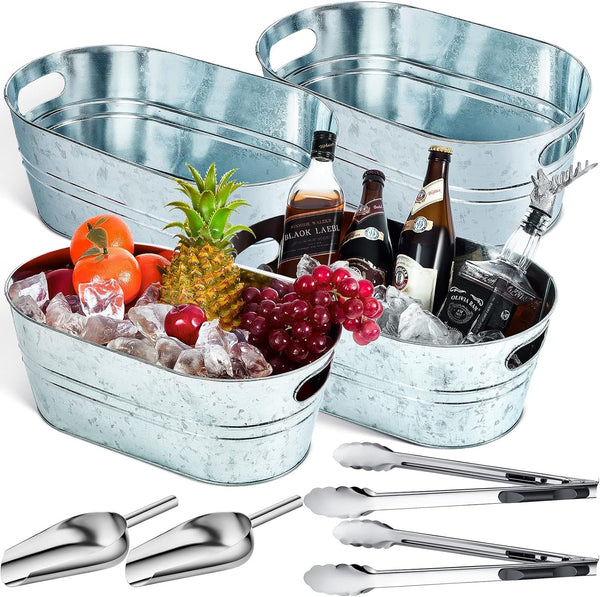 4 Pcs Galvanized Beverage Tubs Insulated Drink Tub with 2 Pcs Ice Scoop and 2 Pcs Stainless Steel Tongs Cold Beer Galvanized Beverage Ice Home Parties, 4 Gallons (Silver, Classic Style)