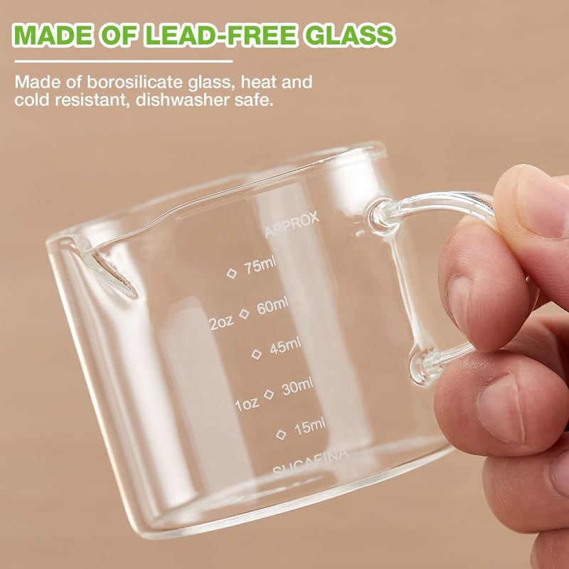 Mfacoy 2 Pack Espresso Glass Measuring Cup, 75ML Espresso Cups with Handle, Espresso Shot Glass with V-Shaped Mouth, Clear Glass Espresso Accessories, Milk Frothing Pitcher