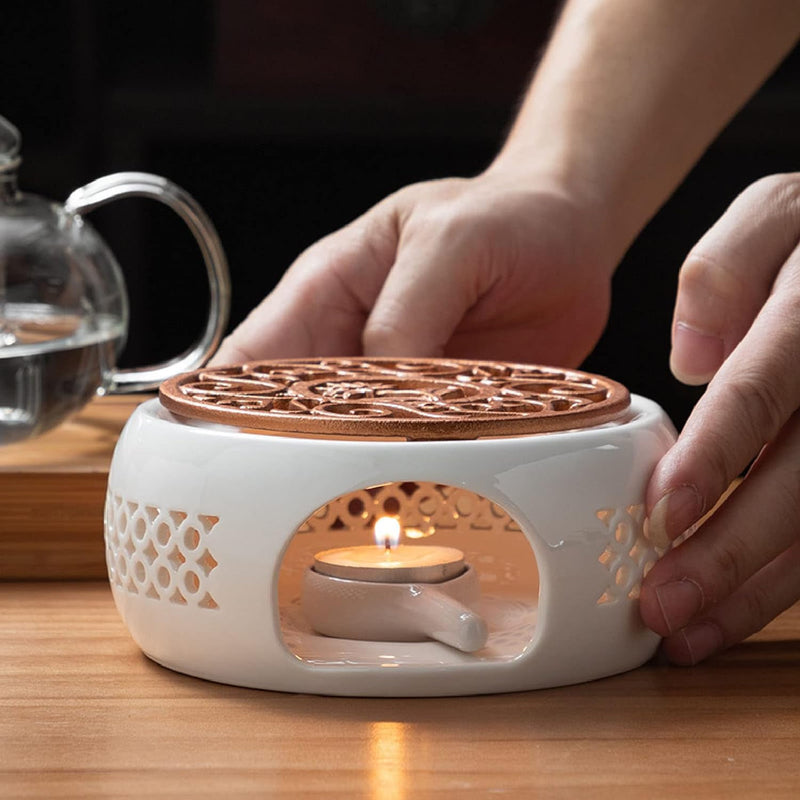 Teapot Warmer Ceramic, Tea Light Warmer, White Round Teapot Stove Heater Base with Spoon and Stove Mat, Porcelain Tealight Heater Tealight Heater Without Electricity for Glass