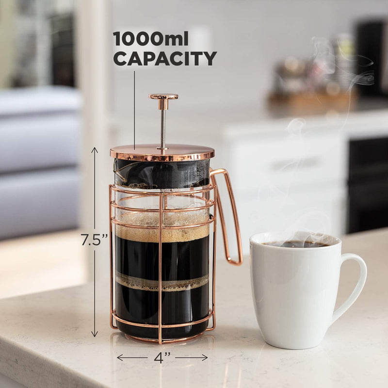 French Press and Tea Maker - 1000ml Coffee Maker Press - Premium Coffee Press with Rose Gold Finish - Thick Glass and Stainless Steel Coffee Brewer - French Press Coffee Maker for Tea, Latte, Expresso