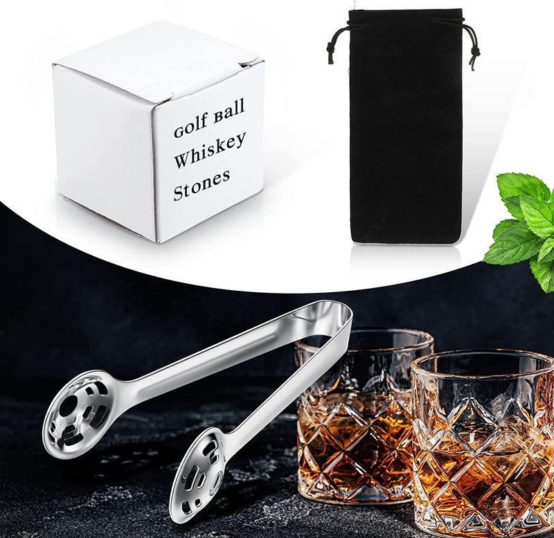 Yinkin 2 Pieces Golf Ball Whiskey Chillers Ice Cubes Stones Chilling Reusable Bar Glass Rocks and Stainless Steel Tong Set for Dad Grandpa Husband Boyfriend Men Women(1.57 Inch)