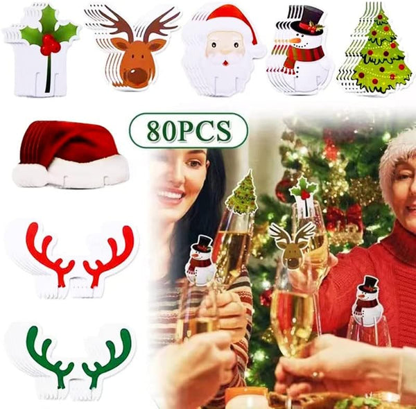 80pcs Christmas Wine Glass Charms Markers Wine Cup Card Decoration Santa Claus Moose etc Design for Christmas Wood Drink Glass Identifiers Holiday Bar Party Decorations Accessorie