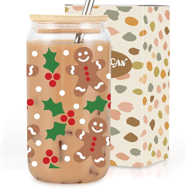 Coolife Holly Gingerbread Man Christmas Decorations, Gifts for Women Men Kids - 16 oz Glass Cup Tumbler w/Straw Lid, Christmassy Preppy Glass Cups w/Lids Straws for Smoothie Iced Coffee Beer