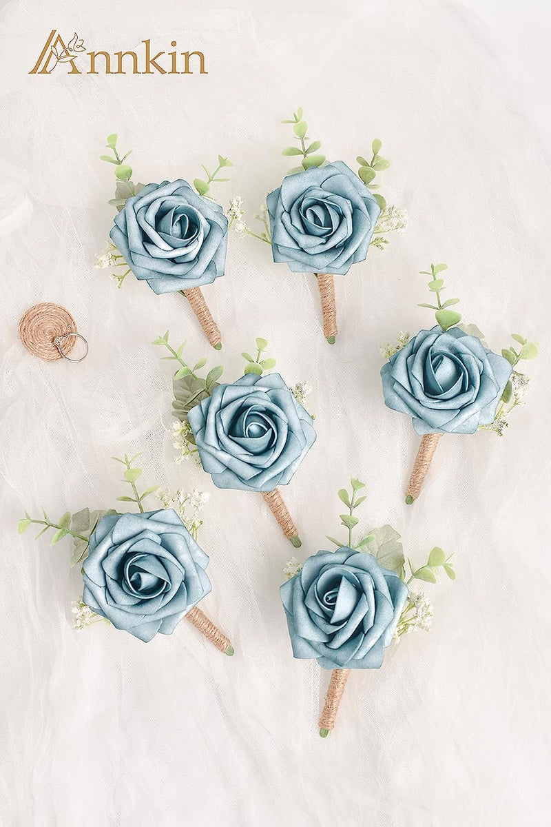 ANNKIN Dusty Blue Boutonniere with Eucalyptus for Men, Set of 6, Wedding Flower Boutonnieres with Pins for Groom and Best Man Wedding Ceremony Anniversary, Homecoming Prom Party