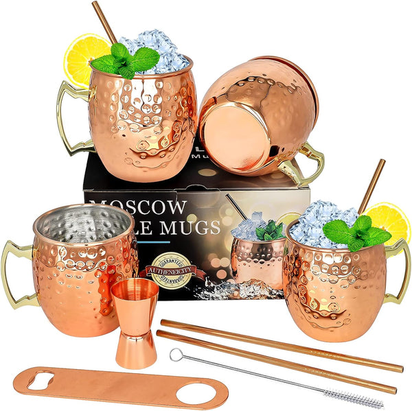 Moscow Mule Copper Mugs- Set of 4 Copper Plated Stainless Steel Mug 18oz, for Chilled Drinks (4 pcs)