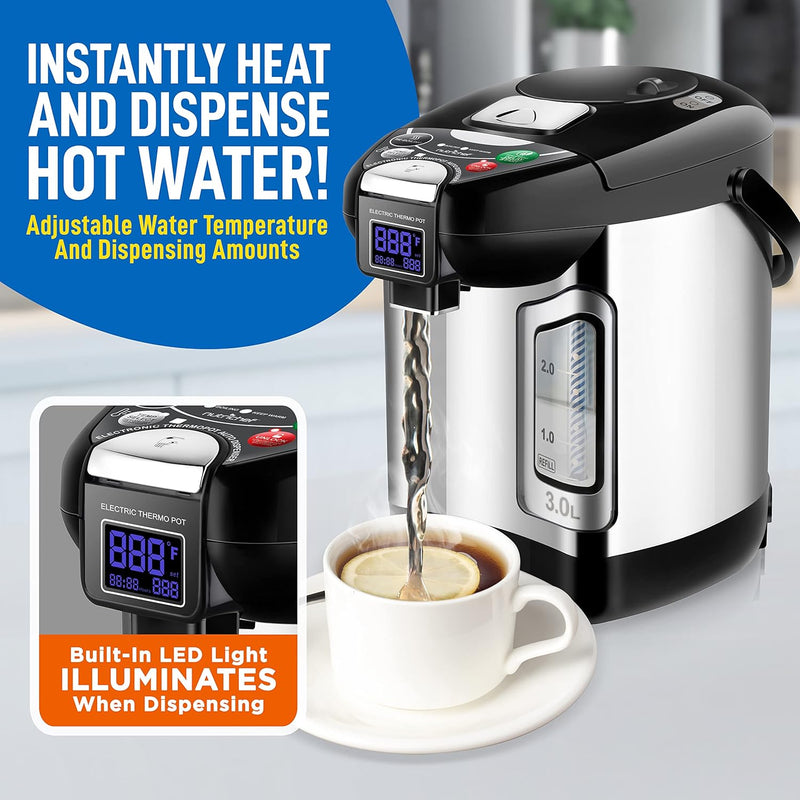 NutriChef Digital Water Boiler and Warmer - 3L/3.17 Qt Stainless Electric Hot Water Dispenser w/ LCD Display, Rotating Base, Keep Warm, Auto Shut Off, Safety Lock, Instant Heating for Coffee & Tea