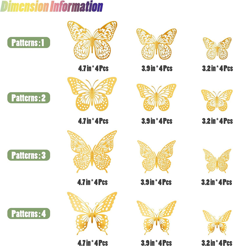 3D Butterfly Wall Decor - 48 Pcs Gold 4 Styles in 3 Sizes - Birthday Party Cake Decorations Removable Stickers for Kids Nursery Classroom Wedding