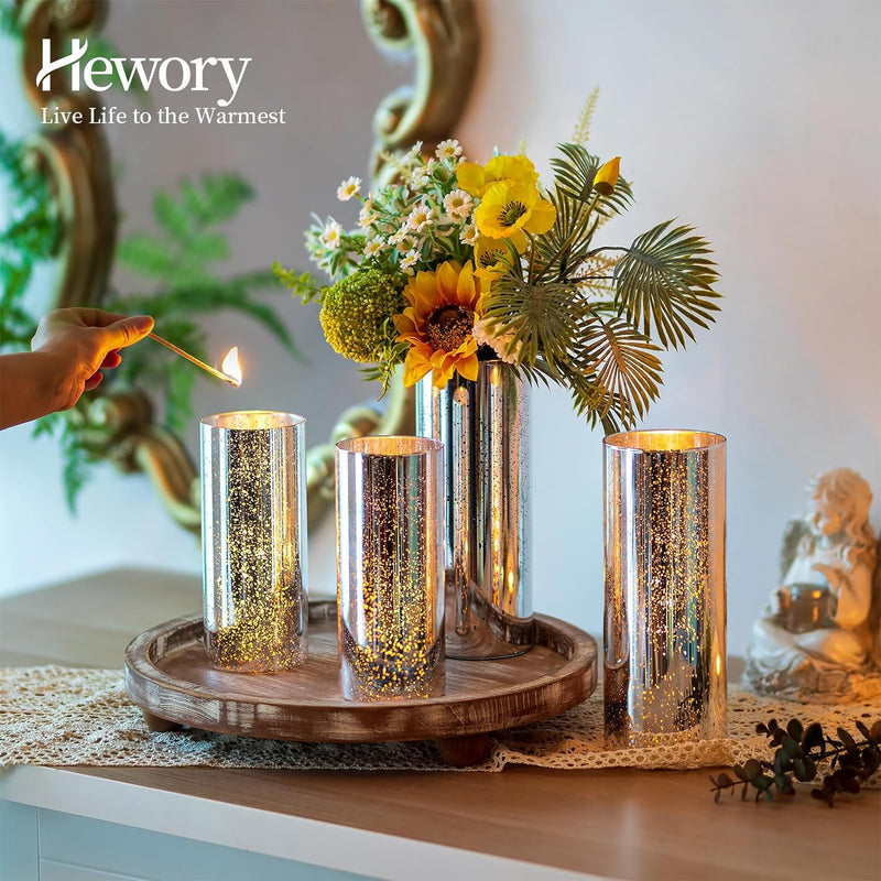 Glass Cylinder Vases Set of 6, Hewory Glittery Silver Vase for Centerpieces, Hurricane Candle Holders for Pillar or Floating Candle, Round Tall Vase for Wedding Anniversary Events Home Table Decor