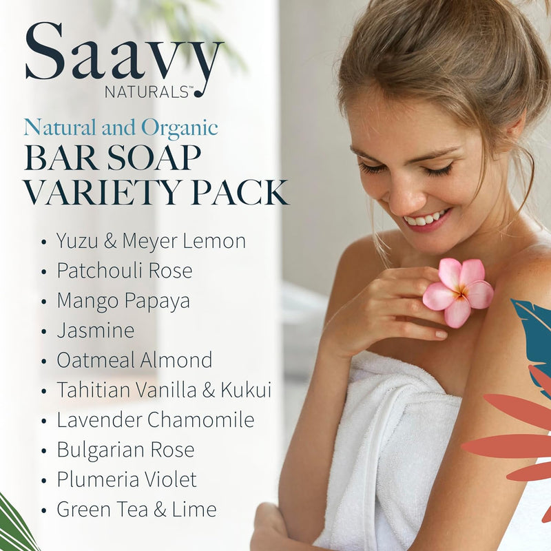 Saavy Naturals Organic Soap Bar Set, Scented Organic Hand Soap Bar, Body Wash and Natural Vegan Soap Gift Set, Square Shaped Artisan Natural Soap Bar, 1.2 Oz, 10 Pack