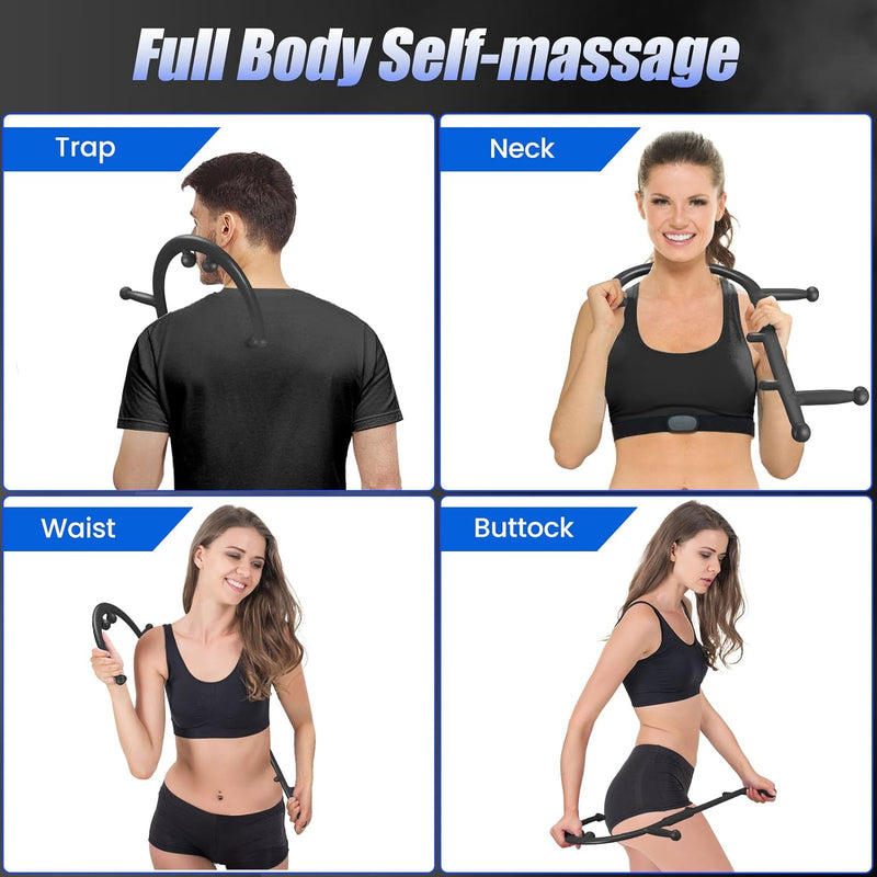 Trigger Point Massage Tool, Shoulder Neck Back Massager Handheld, for Body Deep Tissue & Fibromyalgia Relief, Manual Massage Hook Cane Therapy with Instructions, for Men & Women- Patented (Black)