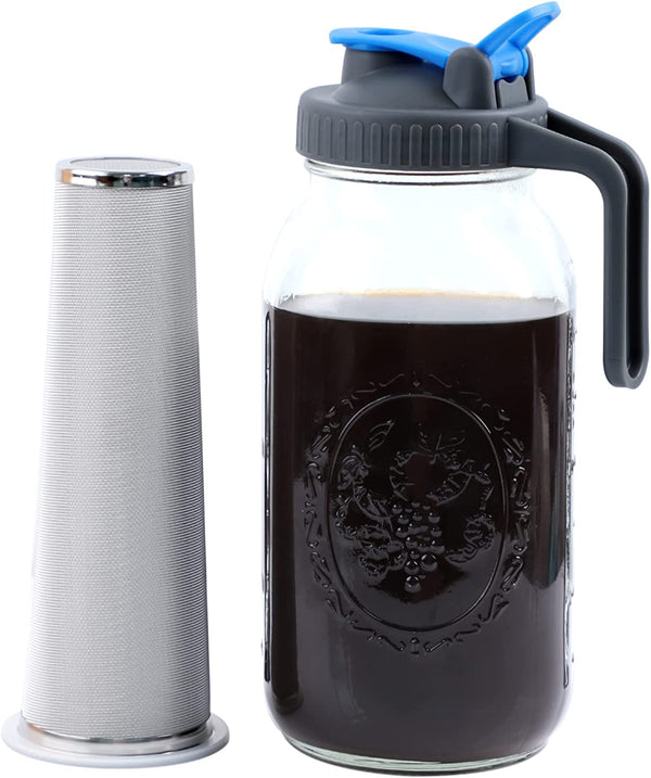 Mason Jar Cold Brew Coffee Maker 64 OZ Wide Mouth Cold Brew Pitcher With Pour Spout Handle Lid And Brew Filter For Iced Coffee, Iced Tea, Lemonade And Beverages