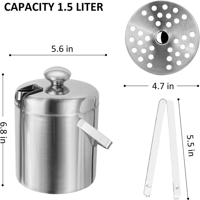 Sunmeyke Double Wall Stainless Steel Insulated Ice Bucket(1.7 Quarts), with Lid Strainer and Tongs, Great for Cocktail Bar and Parties