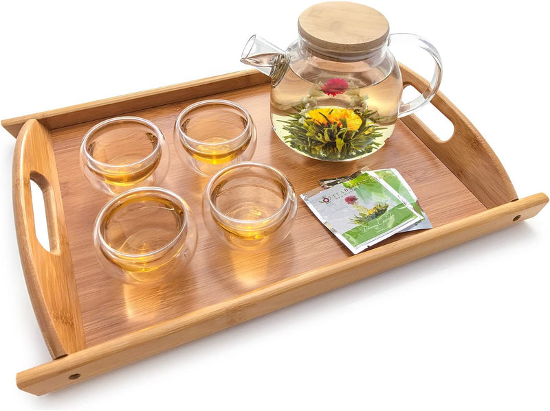 Teabloom Stovetop Safe Glass Teapot with Bamboo Lid (40oz/1200ml) + Loose Leaf Tea Filter Spout + 2 Blooming Teas + Large Bamboo Trivet - Natural Flowering Tea Gift Set