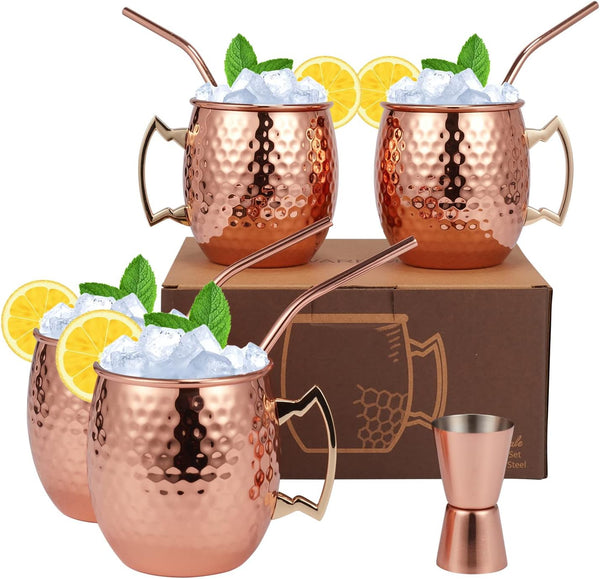 Moscow Mule Mugs Set of 9 - 20oz Hammered Moscow Mule Mugs Drinking Cup 304 Stainless Steel with 4 Straws-1 Jigger-Great Dining Entertaining bar Gift Set Mug Set of 4 (double jigger included)