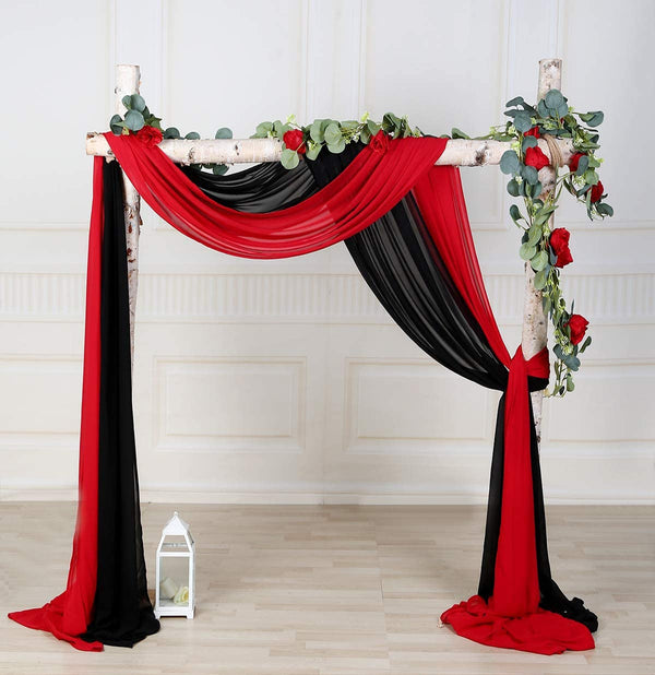 Chiffon Fabric Drapery Wedding Arch  Party Backdrop Curtain 27x216 in Red  Black