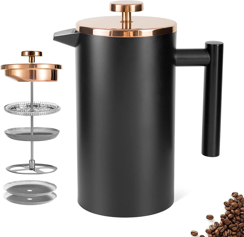 Meelio Small French Press Coffee Maker, Double-Wall Insulated French Press Coffee Press Stainless Steel, Included 2 Extra Fliters and 1 Coffee Spoon (350ML, 12 OZ)