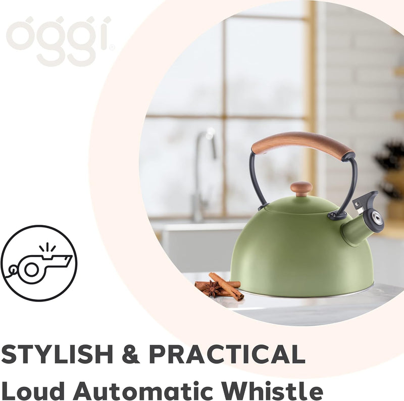 OGGI Tea Kettle for Stove Top - 85oz / 2.5lt, Stainless Steel Kettle with Loud Whistle & Stay-Cool Wood Handle, Ideal Hot Water Kettle and Water Boiler - Green