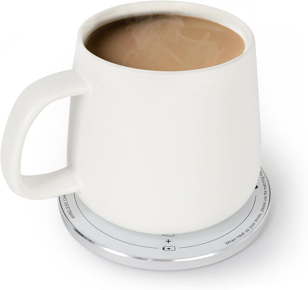 APEKX Self-Heating Ceramic Mug Set - 130°F / 55°C Optimal Temperature Control, Wireless 15W Phone Charging Pad - 12.8 fl oz/380 mL Capacity with USB-C Power Adapt (White)
