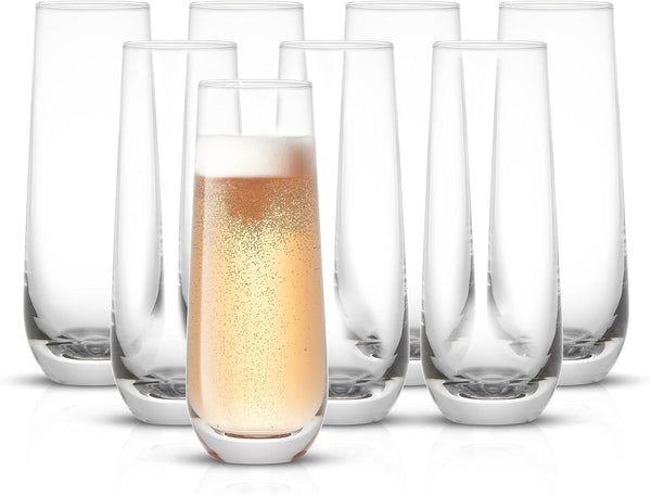 JoyJolt Milo Stemless Champagne Flutes Set of 8 Crystal Glasses. 9.4oz Prosecco Wine Flute, Mimosa Glasses Set, Cocktail Glass Set, Water Highball Glass, Bar Glassware