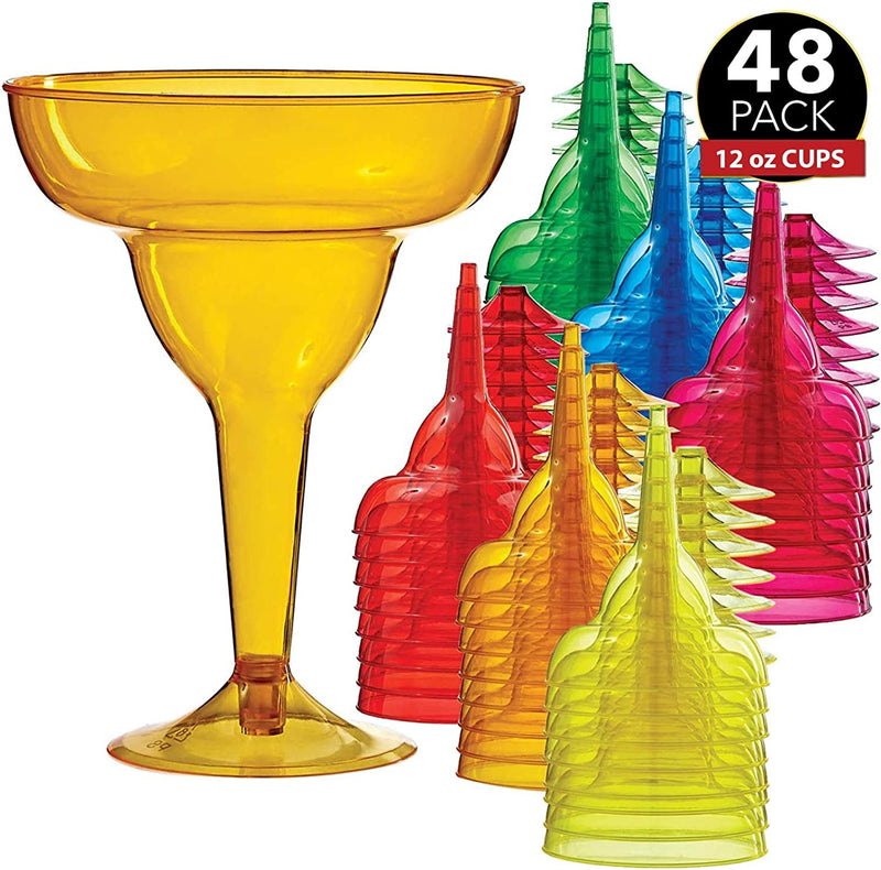 Prestee Multicolor Disposable 48 Plastic Margarita Glasses - 12 oz Hard Cocktail Cups for Cinco de Mayo Fiesta, Taco Party & Mexican Decorations - Fiesta Party Decorations - Large (Pack of 48)