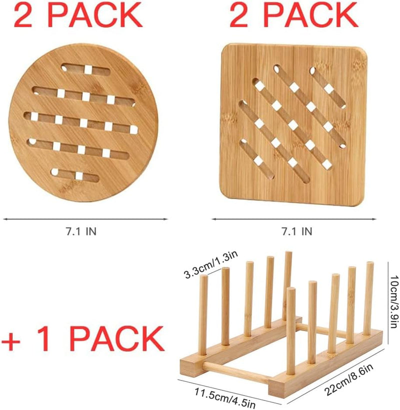 5 Pack Trivets for Hot Pots and Pans with Plate Rack Holder Set - Natural Bamboo Hot Pad No-Slip Design - Bamboo Trivets for Hot Dishes, Pot, Bowl, Teapot(2 Square 2 Roundness 1 Storage Rack)