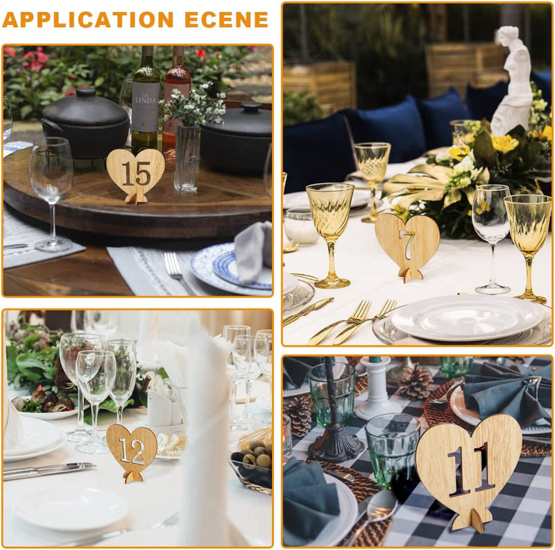 Wooden Table Numbers,  Heart Shape 1-20 Wedding Table Numbers with Holder Base Rustic Hollow Out Wood Table Numbers Card for Wedding Party Event Catering Decoration (Heart)