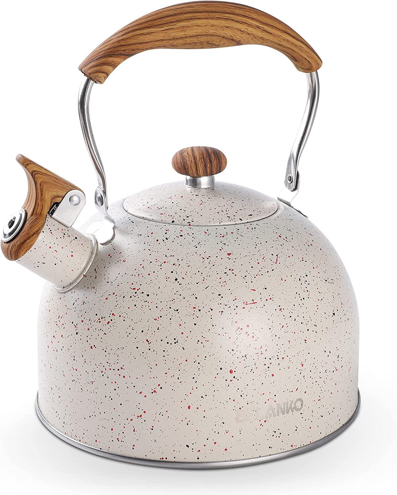 Tea Kettle, BELANKO 85 OZ / 2.5 Liter Whistling Tea Kettle Pots for Stove Top Food Grade Stainless Steel with Wood Pattern Folding Handle, Loud Whistle for Tea, Coffee, Milk - Milk White