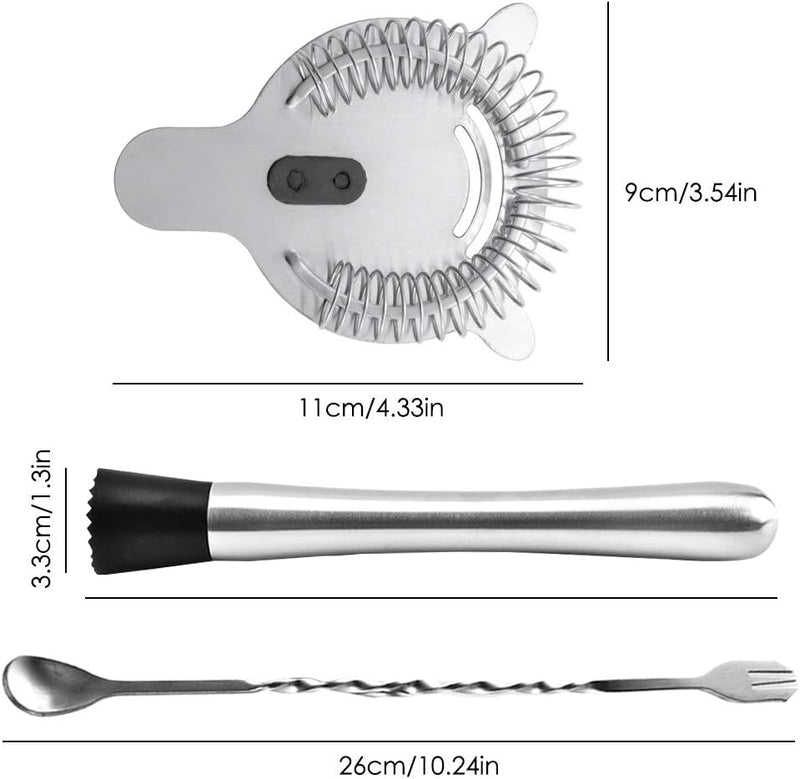 SENHAI Stainless Steel Cocktail Muddler, Spiral Mixing Spoon & 4-Prong Bar Strainer, Home Bar Bartender's Muddling Tool Set