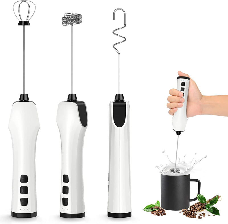 Milk Frother Handheld, USB Rechargeable Milk Foam Maker with 3 Stainless Whisks, Mini Blender Mixer 3 Speeds Adjustable for Coffee, Latte, Cappuccino, Matcha, Hot Chocolate, Egg, White