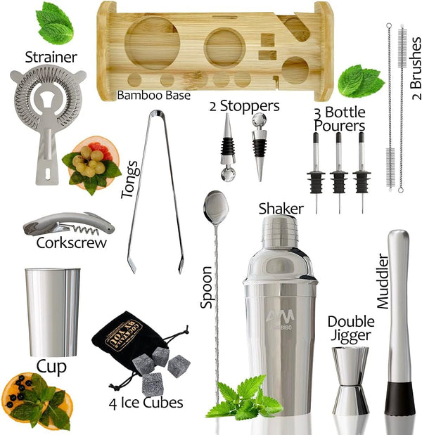 20-Piece Cocktail Mixology Shaker Set - Bartender Kit with Bamboo Stand - Bar Accessories Kit Including a Martini Shaker, Jigger, Recipe Book, Gift Set