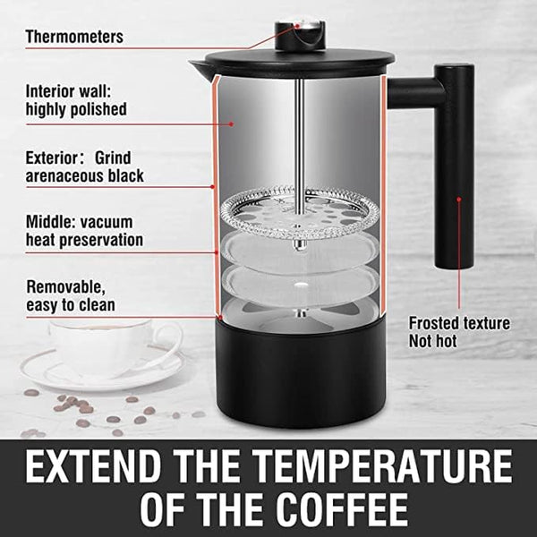 qidcfe French Press Coffee Maker ，304 Grade Stainless Steel Insulated ， Easy To Clean Removable Bottom，42oz(1.2L) Coffee Press for Home Office，Dishwasher Safe (black)
