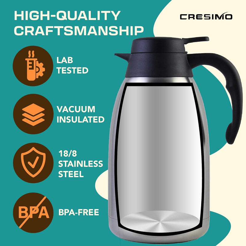 Thermal Coffee Carafe 68oz / 2L-12 Hours Hot Water Dispenser, Insulated Stainless Steel Double Walled Vacuum Flask - Coffee Carafes For Keeping Hot Beverage Dispenser, Coffee Dispenser & Tea Dispenser