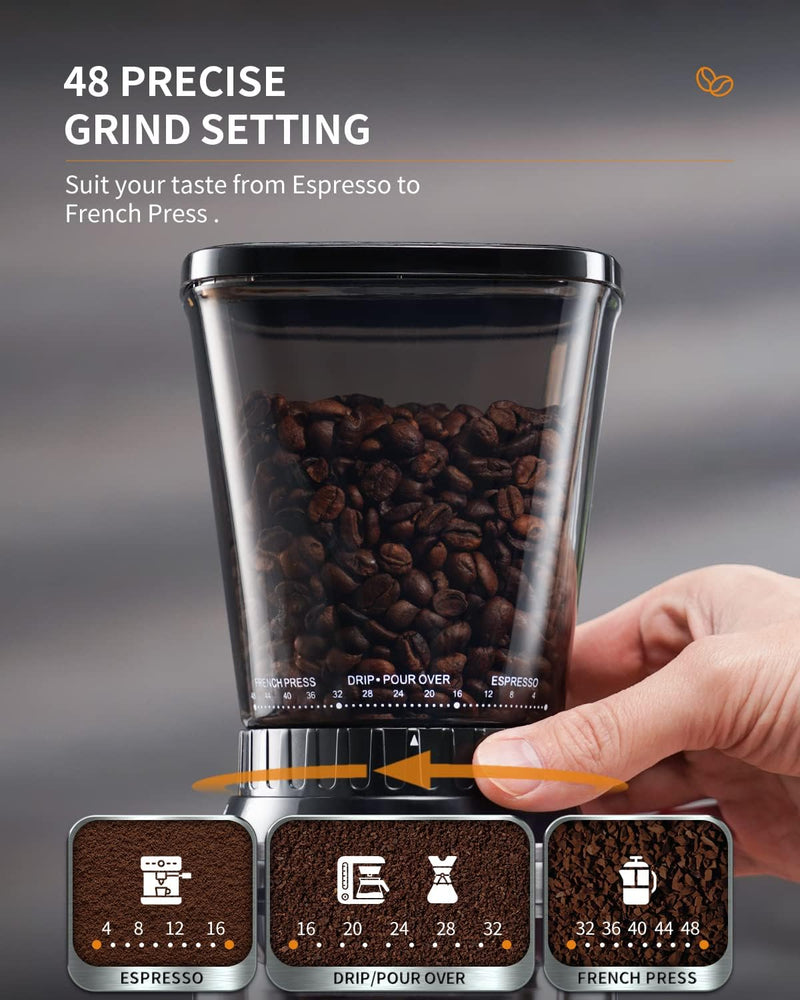 SHARDOR Conical Burr Coffee Grinder Electric with Precision Electronic Timer, Adjustable Burr Mill with 48 Precise Settings, Touchscreen, Anti-static, Brushed Stainless Steel