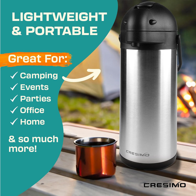 Coffee Carafe Dispenser with Pump - 101oz / 3L Airpot 24 Hours Hot Chocolate Dispenser for Parties - Coffee Urn Hot Water Dispenser - Insulated Stainless Steel Hot Beverage Dispenser - Thermal Carafe