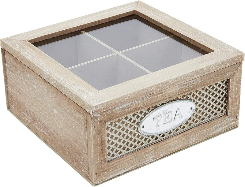 Wooden Box for Tea Bags Organizer, Cute Rustic 4-Compartment Container with Clear Lid (7 x 7 x 3 In)