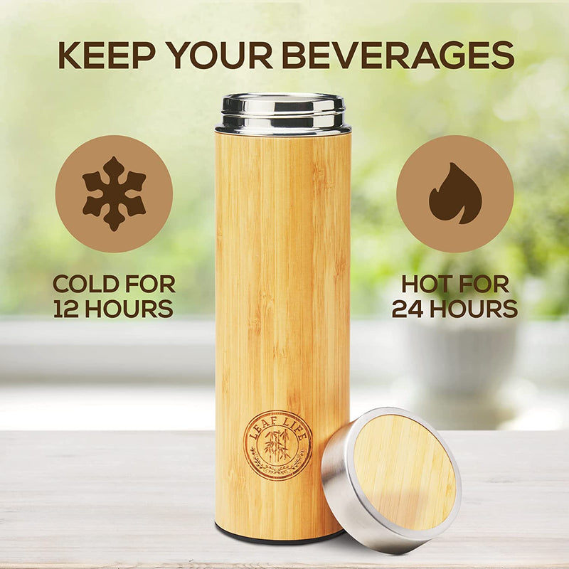 LeafLife Premium Bamboo Thermos with Tea Infusers for Loose Tea 17oz - Hot & Cold for 12 Hrs - Unique Gifts for Women Who Have Everything, Tea Gift Sets for Women, Cool Gifts for Women Birthday Unique