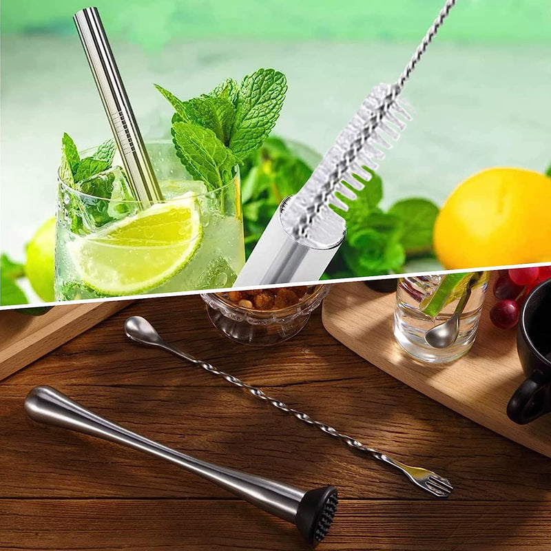 Harewu 10 Inch Stainless Steel Cocktail Muddler and Mixing Spoon，Stainless Steel Straws with Cleaning Brush，Home Bar Tool Set for Making Mojitos,Margaritas and Other Fruit Based Drinks（4pcs）