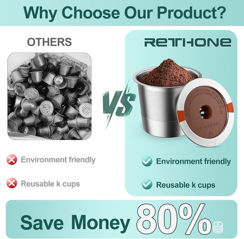 RETHONE K Cup Reusable Coffee Pods, Universal Stainless Steel Reusable K Cups Compatible with Keurig 1.0 & 2.0 Coffee Machines Brewers Refillable K Cups (2 Pack)