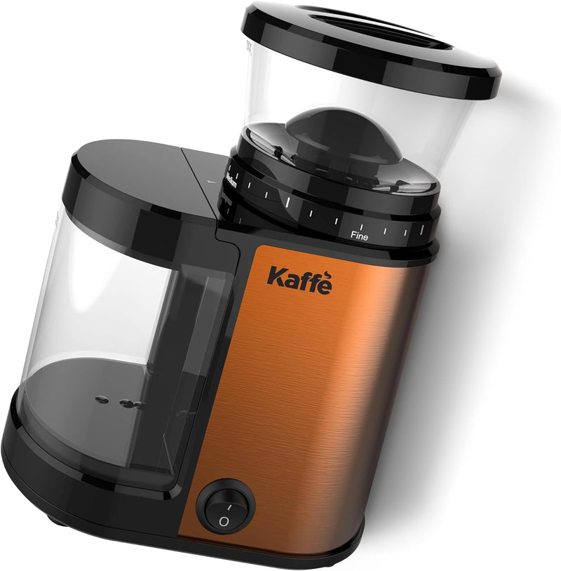 Kaffe Burr Coffee Grinder Electric w/Adjustable Settings for Precision Coffee Bean Grinding (5.5oz Capacity) Cleaning Brush Included. Powerful Motor. Copper)