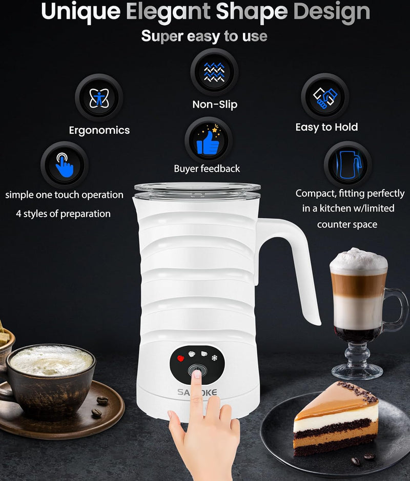 Milk Frother, SAIBOKE 4-in-1 Electric Milk Steamer，Automatic Hot & Cold Foam Maker, 8.8oz/260ml Milk Warmer for Latte, Cappuccinos, Macchiato. Ultra-Quiet Working & Automatic Shut Off.