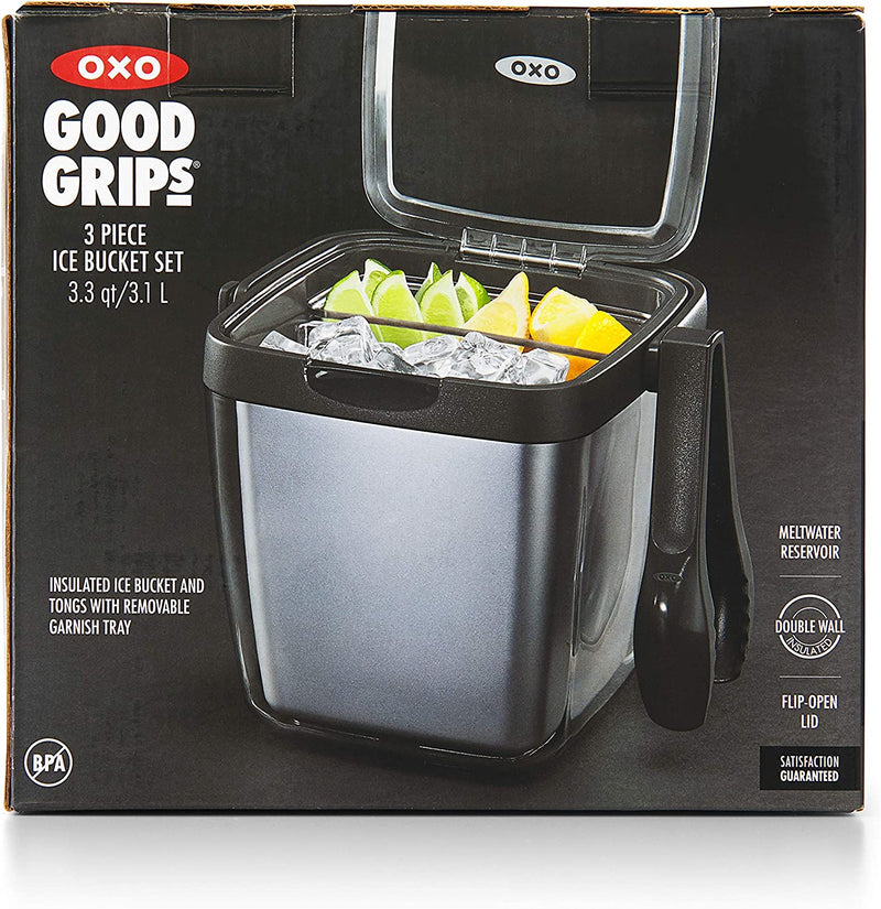 OXO Good Grips Double Wall Ice Bucket with Tongs and Garnish Tray,Gray, 7.37"L x 8.5"W x 7.5"H