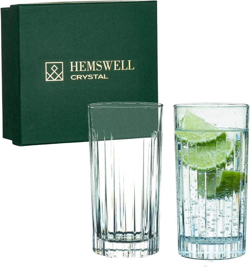 Hemswell Crystal Highball Glasses Set of 2 12oz - Crystal Collins Glasses - Hiball Glasses Satin Lined Presentation Box - Heavy Weighted for Stability - Kilmore Design