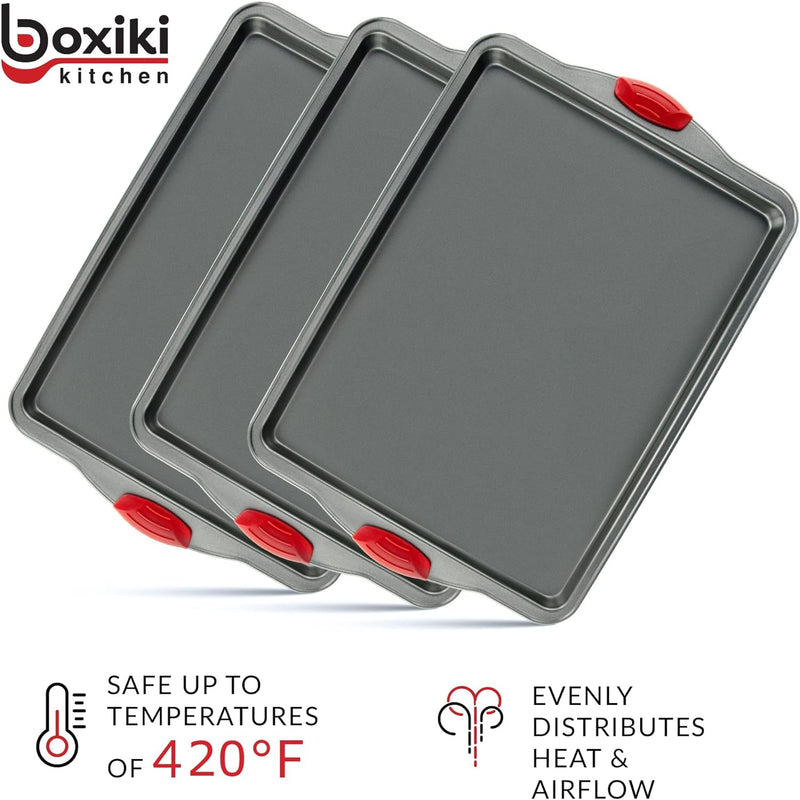 Nonstick Baking Sheet Tray Set of 3 - These Cookie Sheet Pans are Non-toxic, Dent, Warp, and Rust Resistant. Made with Heavy Gauge Carbon Steel for Oven Baking Sheets.