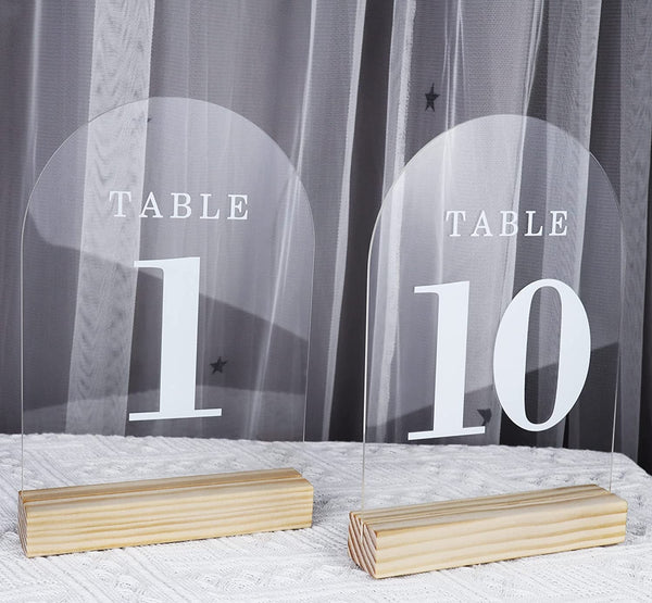 Wedding Table Numbers with Wooden Stands Holders 1-10, Clear Arch 5X7" Acrylic Signs and Holders, Perfect for Centerpiece, Reception, Decoration, Party, Anniversary, Event