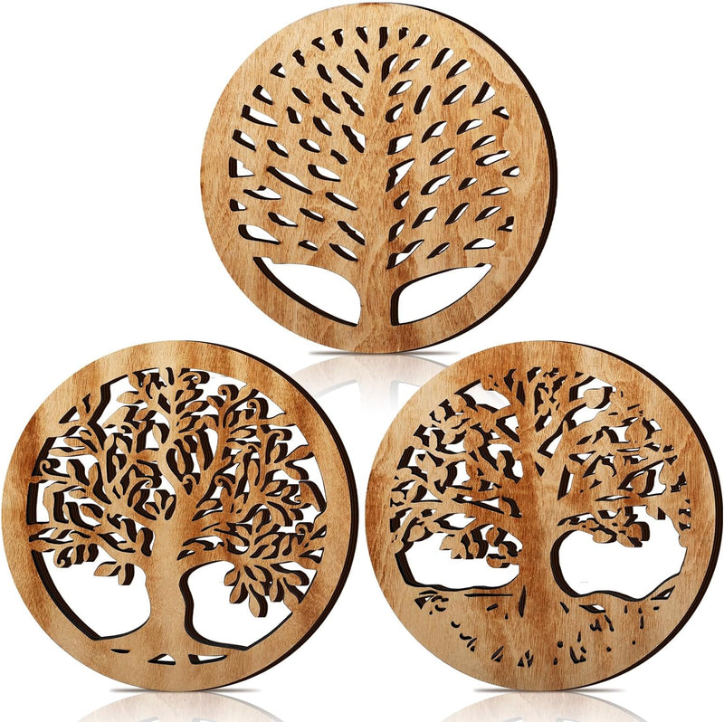 Beeveer 3 Pcs Life Tree Wooden Trivets Round Plates Pots Holder Heat Resistant Wooden Tree Trivet Hot Pan Holder for Counter Wood Hot Pad for Kitchen Hot Dishes Tea Pot Dining Table 8 Inch (Natural)