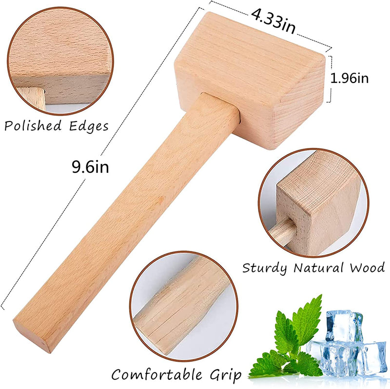 Lewis bag and Wooden Mallet Crusher, Reusable Canvas Crushed Ice Bags,Wooden Mallet Bar, Steel Ice Scoop and Ice Tongs, for Summer Bartender Kit & Bar Tools Kitchen Accessory