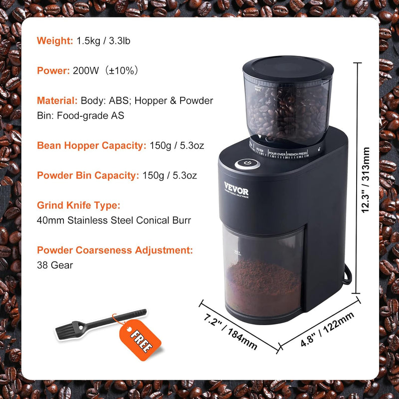 VEVOR Coffee Grinder with 38 Precise Conical Burr Coffee Grinder 5.3-Ounce 20 Cups Coffee Bean Grinder Perfect for Drip, Espress