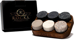 Whiskey Chilling Stones - Set of 6 Handcrafted Premium Granite Round Sipping Rocks - Hardwood Presentation & Storage Tray by R.O.C.K.S.