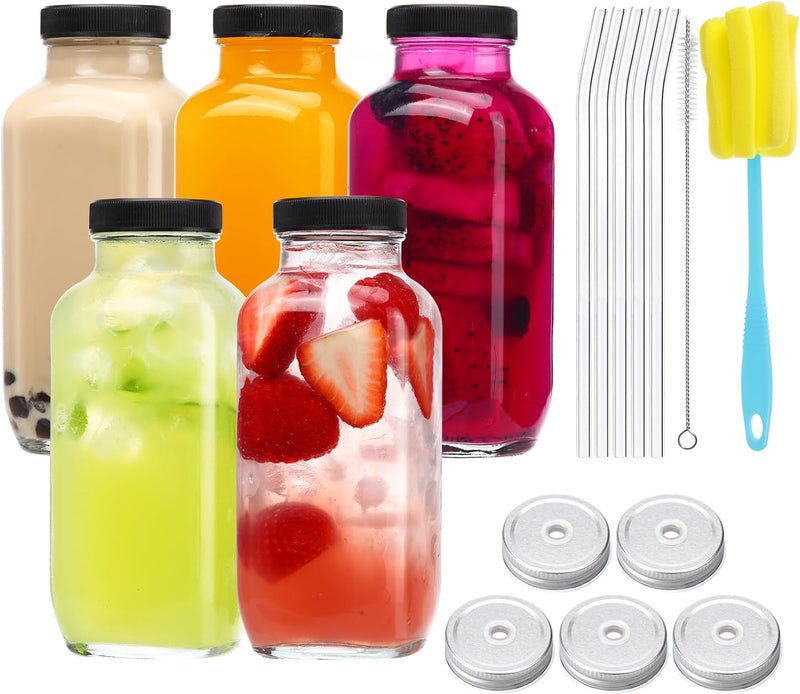 CUCUMI 10pcs 16oz Glass Juice Bottles with Lids, Reusable Juice Containers Drinking Jars Water Cups with Brush, Glass Straws, Lids with Hole